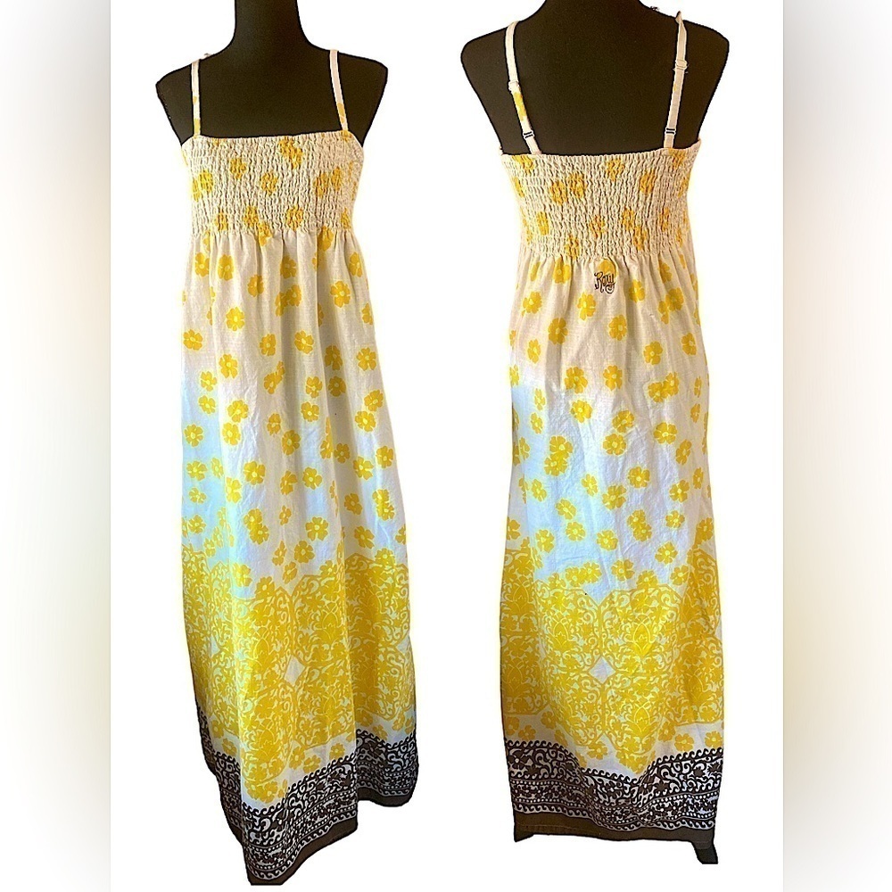 Vintage ROXY Linen Cotton Throwback Floral Print Tube Top Maxi Dress